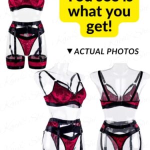 Kaei&Shi Garter Belt Thong Lingerie for Women,Strappy Hollow Out Sexy Lingerie,Underwire Mesh Sheer Matching 4 Piece Lingerie Set Valentine Day Red Velvet Medium