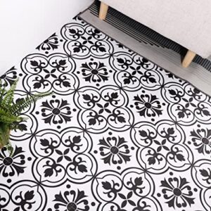peel and stick floor tile 11.8in by 11.8in black and white flower floor tiles self-adhesive removable for bathroom/kitchen 10 pcs