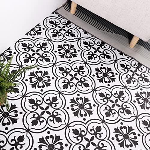 Peel and Stick Floor Tile 11.8In by 11.8In Black and White Flower Floor Tiles Self-Adhesive Removable for Bathroom/Kitchen 10 PCS