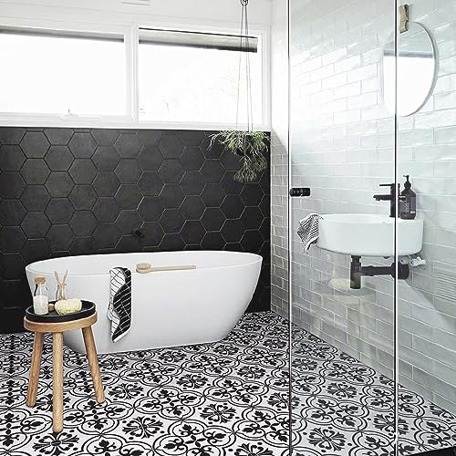 Peel and Stick Floor Tile 11.8In by 11.8In Black and White Flower Floor Tiles Self-Adhesive Removable for Bathroom/Kitchen 10 PCS