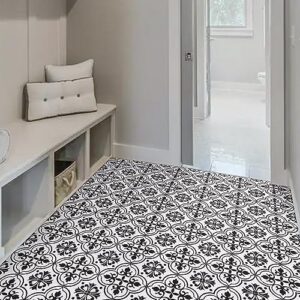 Peel and Stick Floor Tile 11.8In by 11.8In Black and White Flower Floor Tiles Self-Adhesive Removable for Bathroom/Kitchen 10 PCS