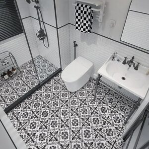 Peel and Stick Floor Tile 11.8In by 11.8In Black and White Flower Floor Tiles Self-Adhesive Removable for Bathroom/Kitchen 10 PCS