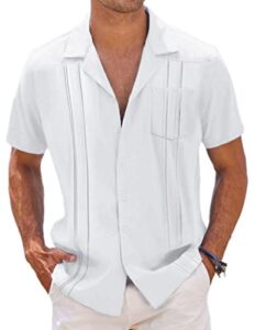 coofandy men's short sleeve button down shirts linen casual shirts for summer beach vacation wear white