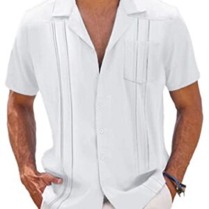 COOFANDY Men's Short Sleeve Button Down Shirts Linen Casual Shirts for Summer Beach Vacation Wear White