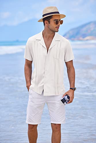 COOFANDY Men's Short Sleeve Button Down Shirts Linen Casual Shirts for Summer Beach Vacation Wear White