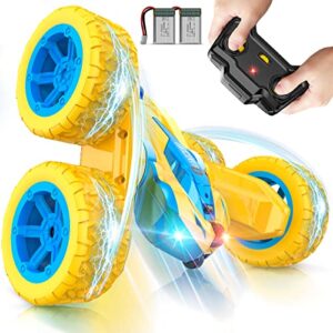 qumcou remote control car, rc cars stunt car toys for kids, 2.4ghz high speed double-sided 360°rotating toy cars with cool headlights, christmas birthday gifts for boys girls age 6-12（yellow）