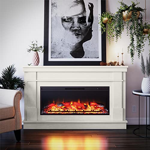 Ameriwood Home Elmcroft Wide Mantel with Linear Electric Fireplace, Plaster