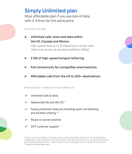 Google Fi Wireless Simply Unlimited Plan | Talk/Text/Data | Unlimited 5G/4G LTE | SIM Kit - 1 Month