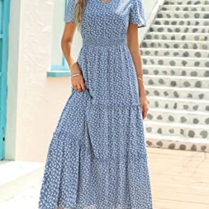 Zattcas Womens 2023 Summer Casual Long Dress Short Flutter Sleeve V Neck Smocked Waist Tiered Flowy Modest Floral Boho Maxi Dress Blue L