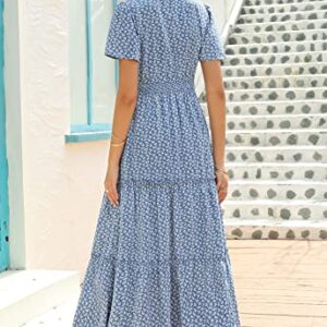 Zattcas Womens 2023 Summer Casual Long Dress Short Flutter Sleeve V Neck Smocked Waist Tiered Flowy Modest Floral Boho Maxi Dress Blue L