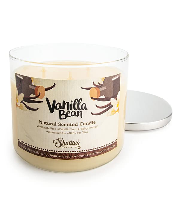 Vanilla Bean Highly Scented Natural 3 Wick Candle, Essential Fragrance Oils, 100% Soy, Phthalate & Paraben Free, Clean Burning, 14.5 Oz.