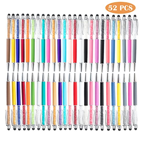 HEYTOP 52 Pieces Crystal Ballpoint Pens Crystal Stylus Pen Pack, 2 in 1 Slim Bling Glitter Diamond Ballpoint Pen Stylus Capacitive Writing Pens for Touch Screens, School, Office, Various Event Gifts