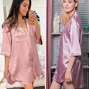 Ekouaer Women's Satin Night Shirts Women Nightgowns Sexy Sleep Shirts V Neck 3/4 Sleeve Sleepwear