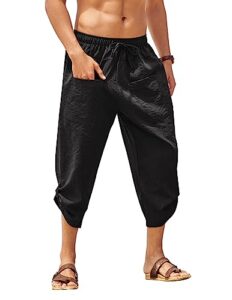 coofandy men's linen pants casual drawstring harem trousers lightweight yoga beach pants with pockets black