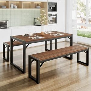 sha cerlin 3-piece dining table set with 2 benches, rustic kitchen table set for 4-6, space-saving dinette, sturdy structure, easy assemble, walnut/black