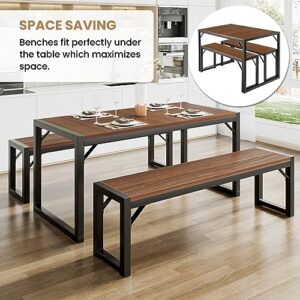 SHA CERLIN 3-Piece Dining Table Set with 2 Benches, Rustic Kitchen Table Set for 4-6, Space-Saving Dinette, Sturdy Structure, Easy Assemble, Walnut/Black