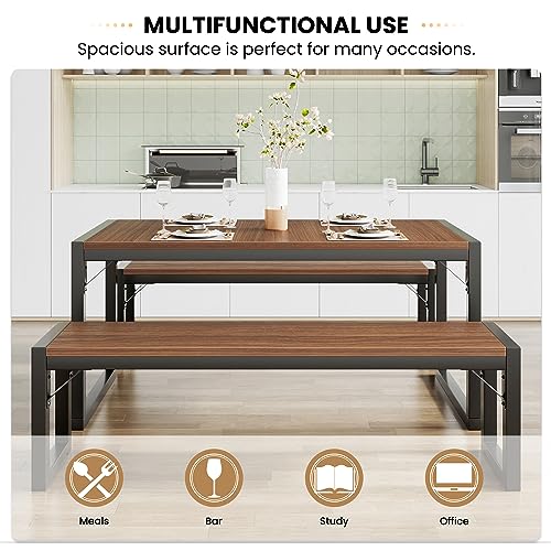 SHA CERLIN 3-Piece Dining Table Set with 2 Benches, Rustic Kitchen Table Set for 4-6, Space-Saving Dinette, Sturdy Structure, Easy Assemble, Walnut/Black