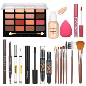 all in one makeup kit for women girls teens 16 colors eyeshadow palette liquid foundation eyeliner pencils contouring stick lip gloss eyebrow pencils mascara powder puff 7pcs makeup brushes makeup gift sets