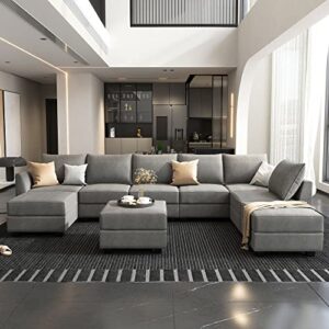 HONBAY Oversized Sectional Sofa with Wide Chaise Reversible Sectional Modular Sofa Couch with Ottomans U Shaped Corner Sectional with Storage for Living Room, Office, Spacious Space,Grey