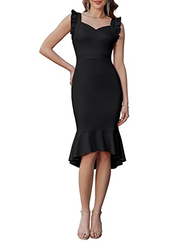 Women's Sleeveless Fishtail Dress High Low Hem Wedding Guest Midi Bodycon Formal Dress Cocktail Party Dress Black L