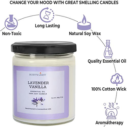 Essential Oil Candle | Aromatherapy for The Home | 9 Oz Glass Jar | All-Natural Soy Candles | Cotton Wick | High Scent | 40 Hours Burn Time | Gift for Women & Men (Lavender Vanilla)