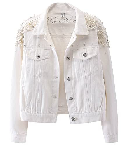 Kedera Women's Embroidered Rivet Pearl Short Denim Jacket Coat (White, Medium)