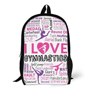 wzomt i love gymnastics school backpack gymnast with inspirational quotes hot purple pink rucksack travel daypack elementary middle college book bags for girls women kids students, large 17"