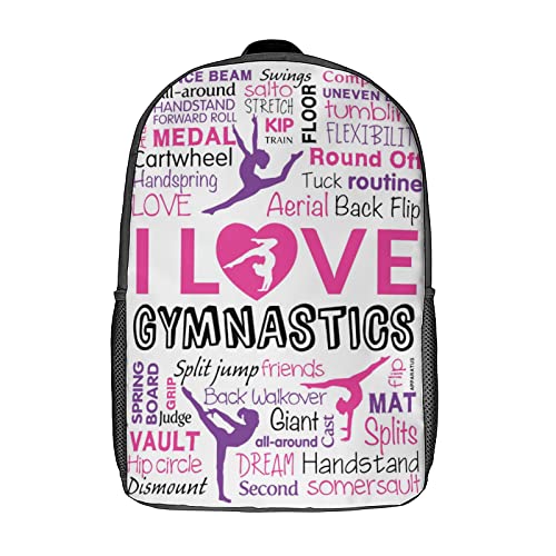 WZOMT I Love Gymnastics School Backpack Gymnast with Inspirational Quotes Hot Purple Pink Rucksack Travel Daypack Elementary Middle College Book Bags for Girls Women Kids Students, Large 17"