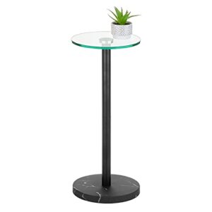 mDesign Glass Top Side/End Drink Table - Small Modern Round Accent Metal Nightstand Furniture for Living Room, Dorm, Home Office, and Bedroom - 9" Round - Clear/Matte Black Marble Print