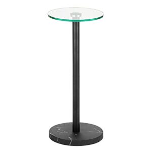 mDesign Glass Top Side/End Drink Table - Small Modern Round Accent Metal Nightstand Furniture for Living Room, Dorm, Home Office, and Bedroom - 9" Round - Clear/Matte Black Marble Print