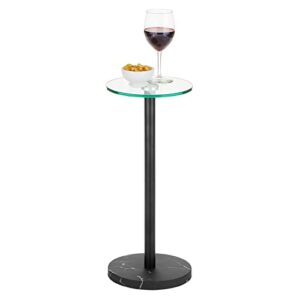 mDesign Glass Top Side/End Drink Table - Small Modern Round Accent Metal Nightstand Furniture for Living Room, Dorm, Home Office, and Bedroom - 9" Round - Clear/Matte Black Marble Print