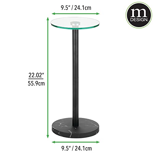 mDesign Glass Top Side/End Drink Table - Small Modern Round Accent Metal Nightstand Furniture for Living Room, Dorm, Home Office, and Bedroom - 9" Round - Clear/Matte Black Marble Print