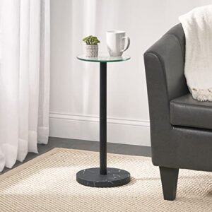 mDesign Glass Top Side/End Drink Table - Small Modern Round Accent Metal Nightstand Furniture for Living Room, Dorm, Home Office, and Bedroom - 9" Round - Clear/Matte Black Marble Print