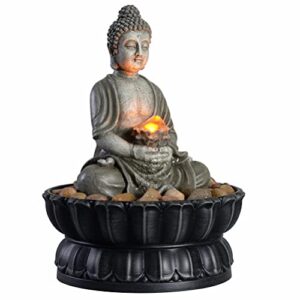 Haobos 9.4" Indoor Tabletop Fountain Exquisite Sitting Buddha Fountains Desk Water Fountain Decorative Zen Fountain w/Reflective Lighting/Cobblestone Office and Home Decor(21125B)