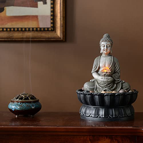 Haobos 9.4" Indoor Tabletop Fountain Exquisite Sitting Buddha Fountains Desk Water Fountain Decorative Zen Fountain w/Reflective Lighting/Cobblestone Office and Home Decor(21125B)