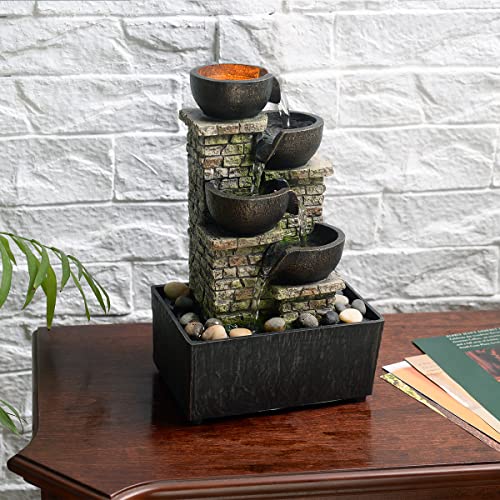 9.3 Inches 4-Tier Cascading Bowl Fountains Indoor Waterfall Fountain Relaxation Water Fountains Meditation Tabletop Fountain Artistic Desk Fountains with LED/Rocks Home/Office Decoration