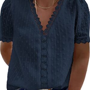 Happy Sailed Womens Plus Size Lace Crochet V Neck Boho Shirts Casual Loose Short Sleeve Chiffon Blouses Tops,4X Blue