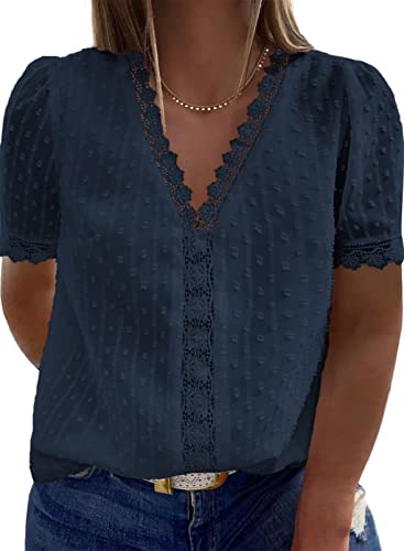 Happy Sailed Womens Plus Size Lace Crochet V Neck Boho Shirts Casual Loose Short Sleeve Chiffon Blouses Tops,4X Blue