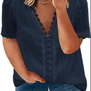 Happy Sailed Womens Plus Size Lace Crochet V Neck Boho Shirts Casual Loose Short Sleeve Chiffon Blouses Tops,4X Blue