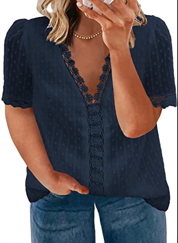 Happy Sailed Womens Plus Size Lace Crochet V Neck Boho Shirts Casual Loose Short Sleeve Chiffon Blouses Tops,4X Blue