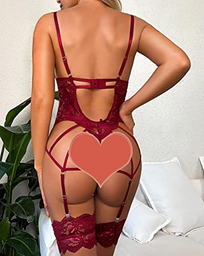 Donnalla Women Sexy Lingerie Set with Garter Belt Lace Bodysuit Teddy with Panty (Wine Red Medium)