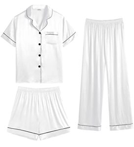 swomog womens 3pcs satin pajamas shorts set button down short sleeve pjs loungewear long lounge pants with pockets white
