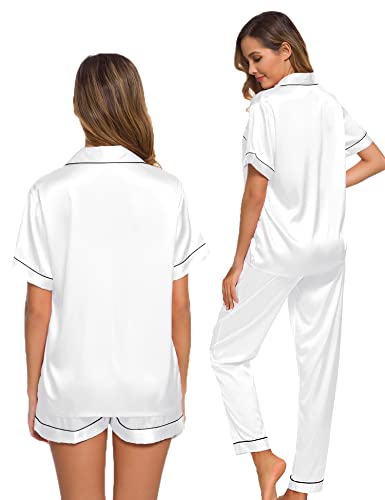 SWOMOG Womens 3pcs Satin Pajamas Shorts Set Button Down Short Sleeve Pjs Loungewear Long Lounge Pants with Pockets White