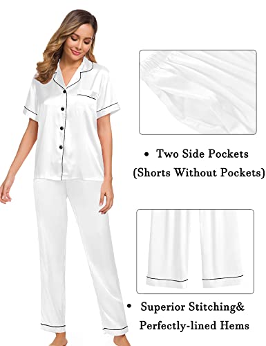 SWOMOG Womens 3pcs Satin Pajamas Shorts Set Button Down Short Sleeve Pjs Loungewear Long Lounge Pants with Pockets White