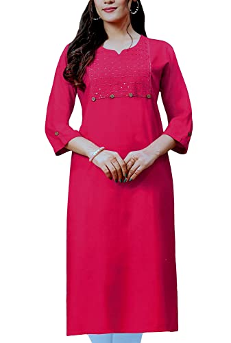 ladyline Plain Rayon Kurti with Sequins Work Indian Womens Kurta Tunic Dress (L/Pink/42)