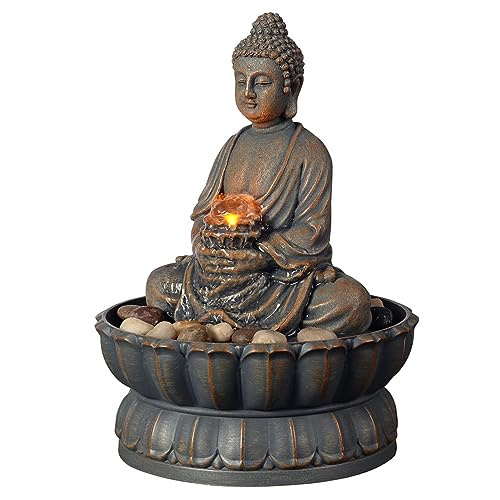 Kalona Home Décor 9.6" Tabletop Fountain Exquisite Smile Sitting Buddha Fountains Desk Water Fountain Decorative Zen Fountain w/Reflective Lighting/Cobblestone Office and Home Decor(21125A)