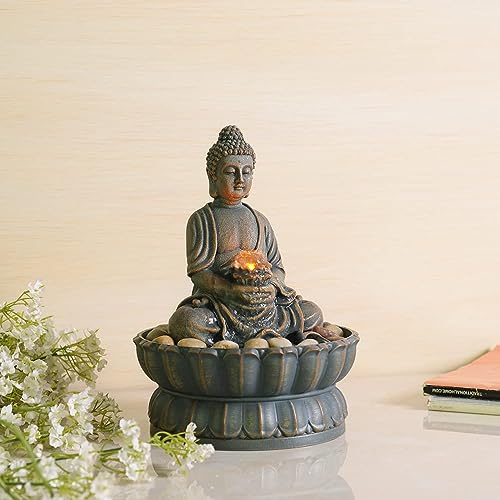 Kalona Home Décor 9.6" Tabletop Fountain Exquisite Smile Sitting Buddha Fountains Desk Water Fountain Decorative Zen Fountain w/Reflective Lighting/Cobblestone Office and Home Decor(21125A)