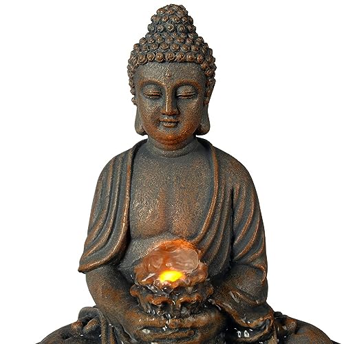 Kalona Home Décor 9.6" Tabletop Fountain Exquisite Smile Sitting Buddha Fountains Desk Water Fountain Decorative Zen Fountain w/Reflective Lighting/Cobblestone Office and Home Decor(21125A)