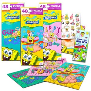 spongebob squarepants jigsaw puzzle set - 3 pack spongebob puzzle bundle (48pc each) with stickers and more for kids adults (spongebob squarepants party favors)
