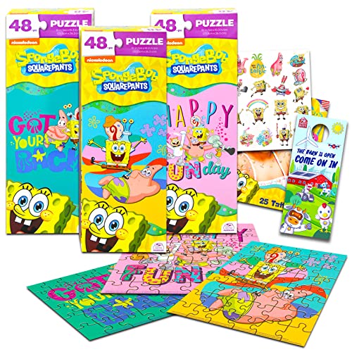 Spongebob Squarepants Jigsaw Puzzle Set - 3 Pack Spongebob Puzzle Bundle (48pc Each) with Stickers and More for Kids Adults (Spongebob Squarepants Party Favors)